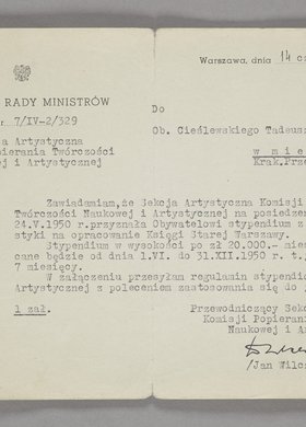 Pismo wysłane do Tadeusza Cieślewskiego ojca z informacją o przyznaniu mu stypendium z dziedziny plastyki