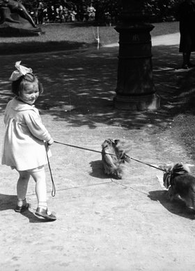 Dziewczynka z dwoma pieskami w parku Ujazdowskim