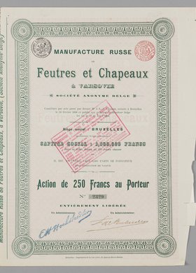 Akcja na okaziciela wypuszczona przez Manufacture Russe de Feutres et Chapeaux á Varsovie S.A. Belge wraz z arkuszem kuponowym do odbioru dywidend