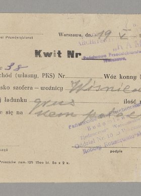 Kwit wydany dla woźnicy Wiśniewskiego za wywiezienie gruzu na Kępę Potocką