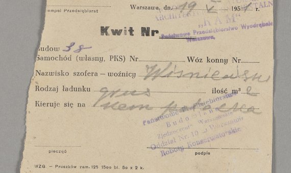 Kwit wydany dla woźnicy Wiśniewskiego za wywiezienie gruzu na Kępę Potocką