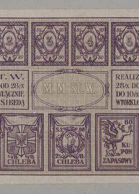 Bon zaopatrzeniowy z okresu I Wojny Światowej wydany przez Magistrat Miasta stołecznego Warszawy na chleb, cukier i ziemniaki