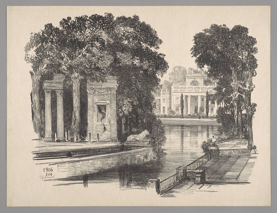 Widok pałacu w Łazienkach z amfiteatru
