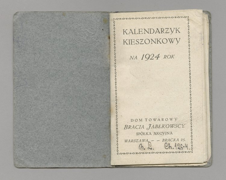 Kalendarz kieszonkowy na 1924 rok oraz kartka z widokiem Domu Towarowego Bracia Jałkowscy