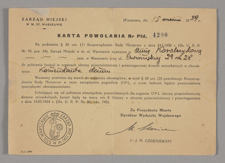 Karta powołania wydana Annie Korolczykowej