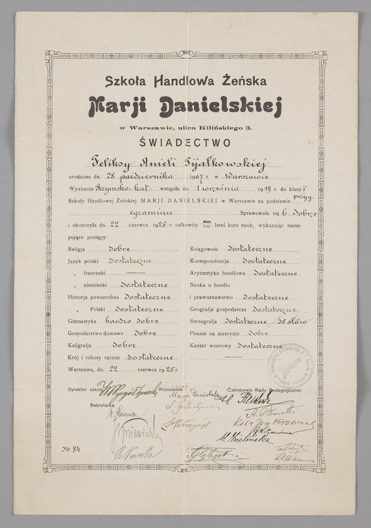 Świadectwo wystawione Feliksie Anieli Fijałkowskiej