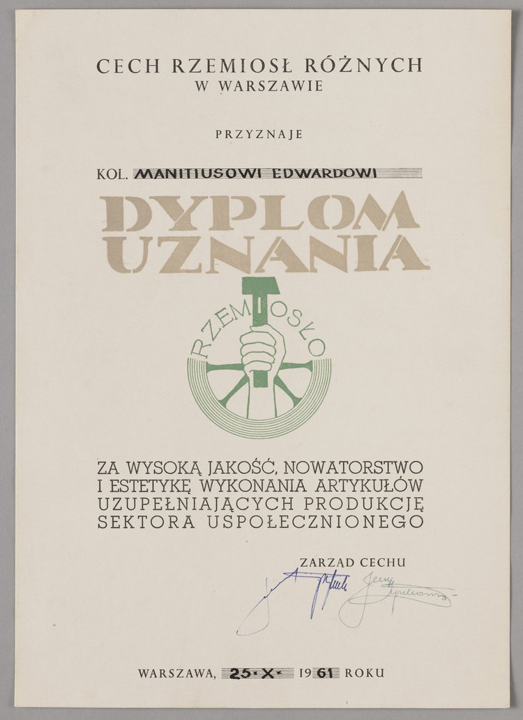 Dyplom uznania przyznany Edwardowi Manitiusowi