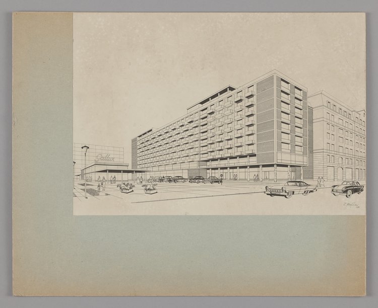 Hotel i pawilon Gallux, róg ulicy Marszałkowskiej i Alei Jerozolimskich, perspektywa