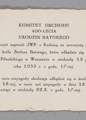 Zaproszenie na uroczystą Akademię ku czci Stefana Batorego organizowaną przez Komitet Obchodu 400 - lecia Urodzin Stefana Batorego w Warszawie wraz z załączonym programem