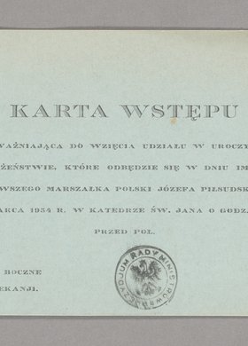 Karta wstępu na uroczyste nabożeństwo w dniu imienin marszałka Józefa Piłdudskiego