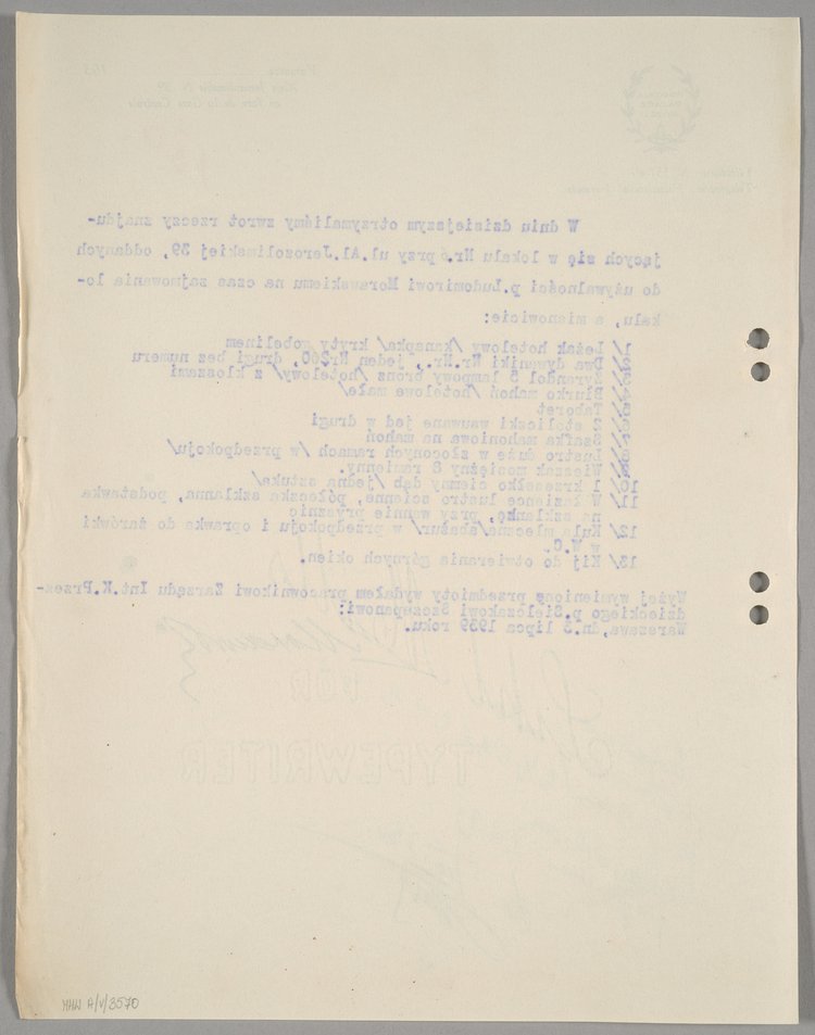 Pismo Hotelu Polonia Palace