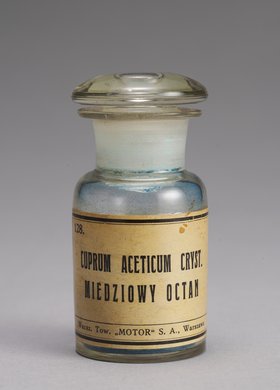 Słoik z odczynnikiem chemicznym "Cuprum aceticum cryst."