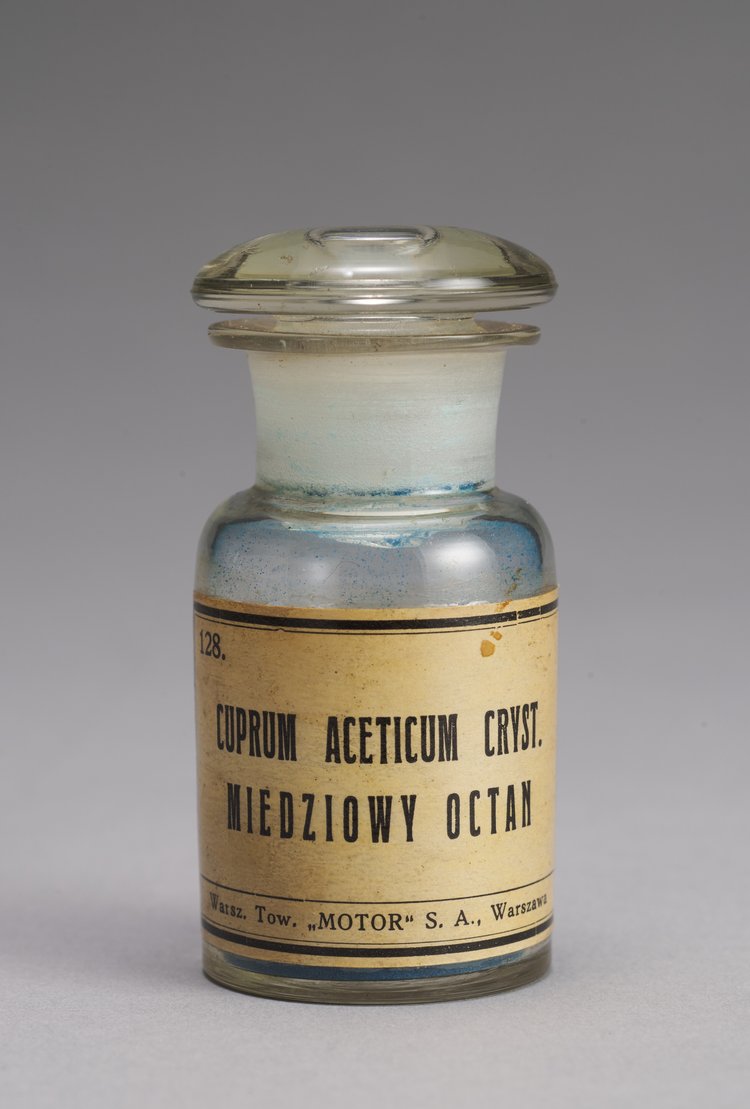 Słoik z odczynnikiem chemicznym "Cuprum aceticum cryst."