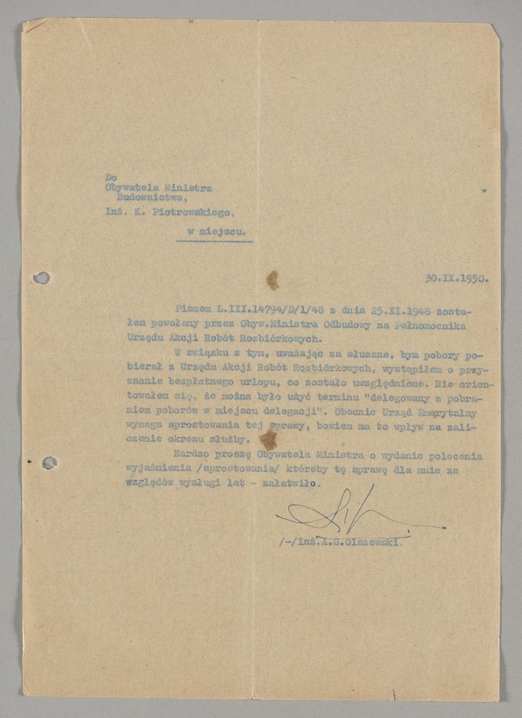 Pismo wysłane przez Antoniego Olszewskiego do Ministra Budownictwa z prośbą o zmianę charakteru urlopu