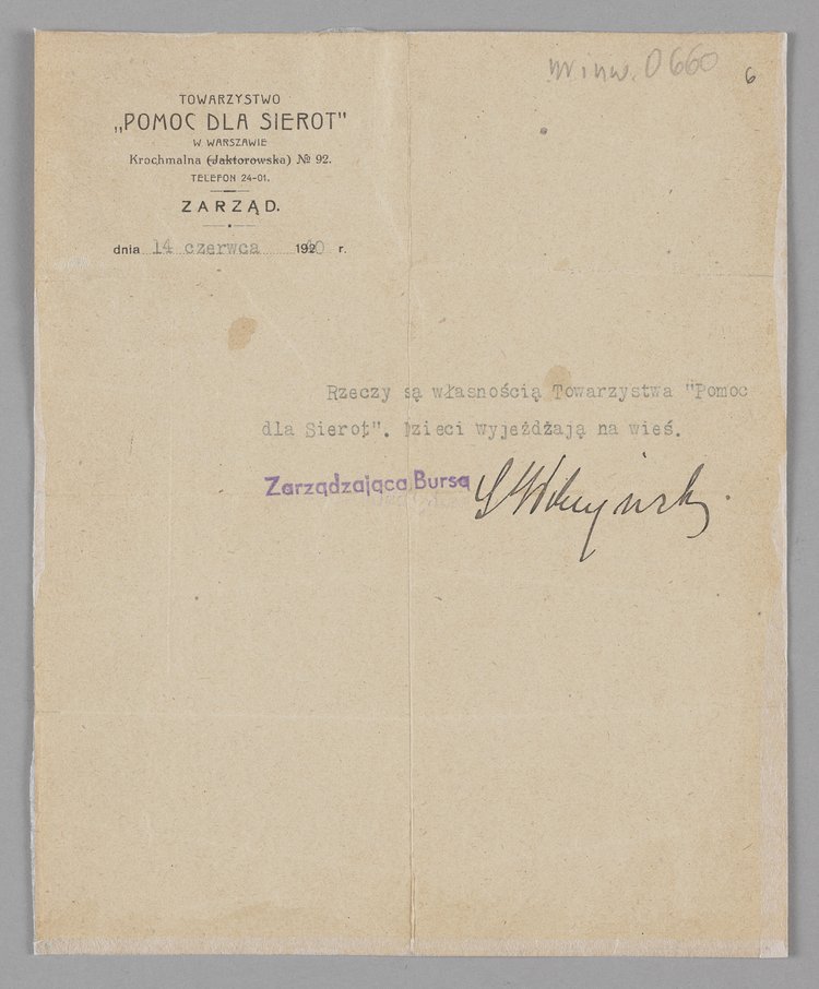 Zaświadczenie Towarzystwa Pomoc dla Sierot