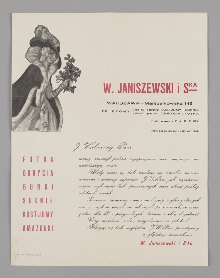 Reklama firmy futrzarskiej W. Janiszewski i S-ka w Warszawie na rok 1927 i sezon jesienno-zimowy roku 1928