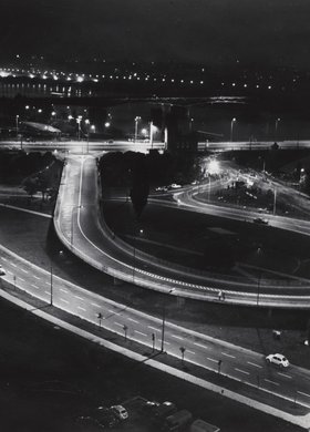 Fragment of Poniatowski Bridge and transport hub at night