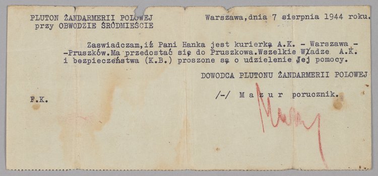 Zaświadczenie dla Anieli Owczarek-Godlewskiej, 'Hanki'