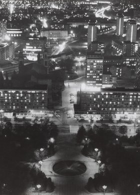 View of the city at night from the Palace of Culture and Science