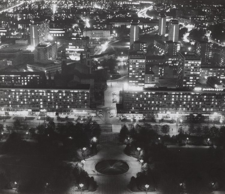 View of the city at night from the Palace of Culture and Science