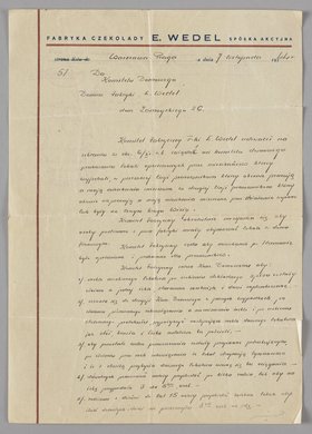Pismo Komitetu Fabrycznego Fabryki Czekolady E. Wedel do Komitetu Domowego Domów Fabryki E. Wedel