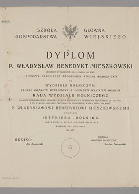 Kopia dyplomu Szkoły Głównej Gospodarstwa Wiejskiego wydana Władysławowi Benedyktowi Mieszkowskiemu