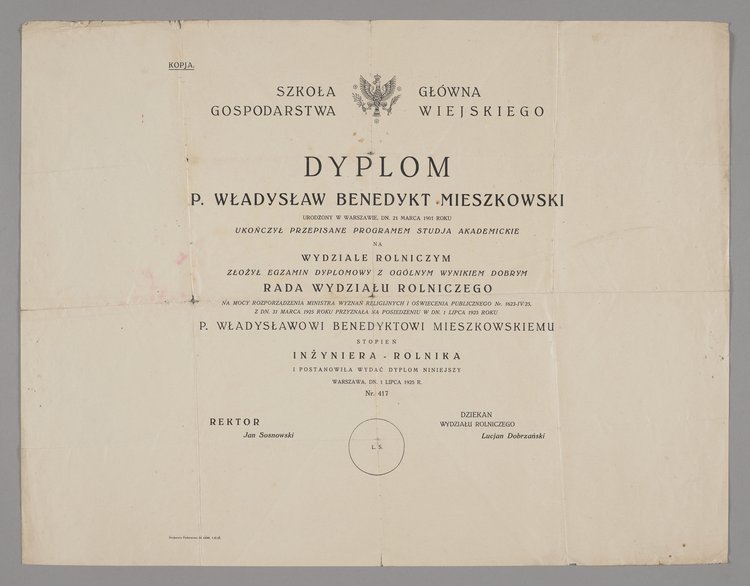 Kopia dyplomu Szkoły Głównej Gospodarstwa Wiejskiego wydana Władysławowi Benedyktowi Mieszkowskiemu