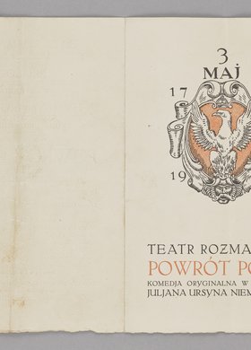 Program Teatru Rozmaitości w Warszawie z reklamą sztuki Powrót posła