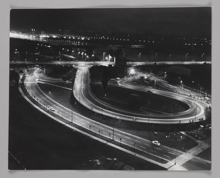 Fragment of Poniatowski Bridge and transport hub at night