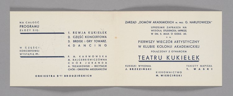 Zaproszenie na otwarcie Teatru Kukiełek - na spektakl p.t. 'Kukiełka akademicka' w Klubie Kolonii Akademickiej w Warszawie z załączoną kartą z programem, wysłane Janowi Tadeuszowi Nałęcz - Lipce