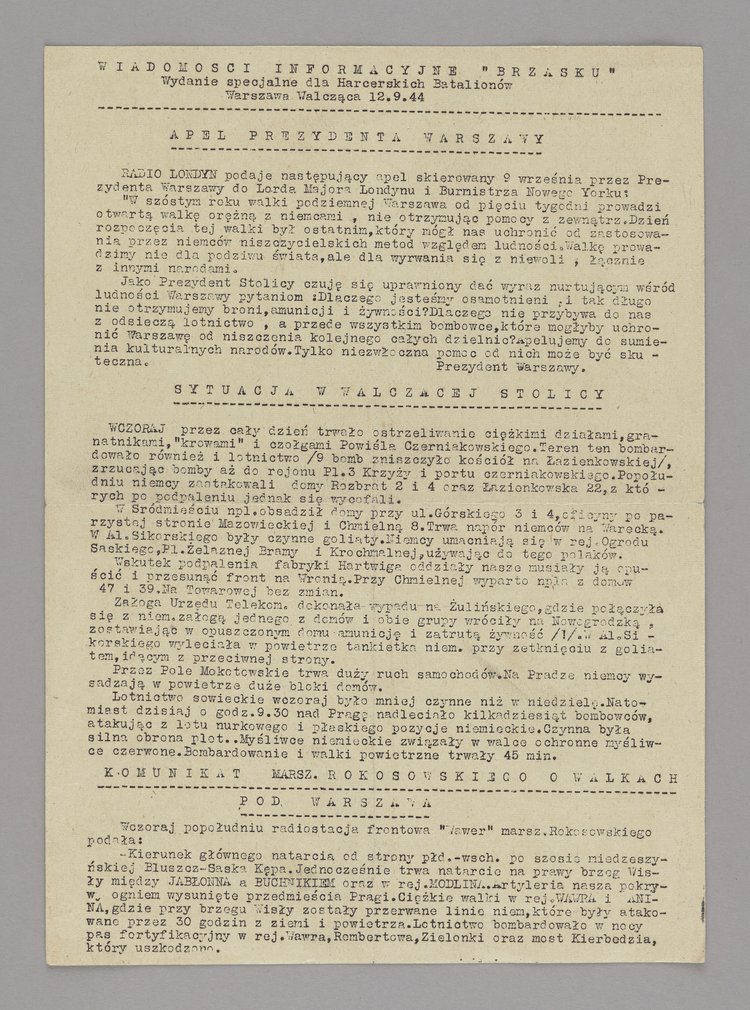 Gazeta Wiadomości informacyjne Brzasku. Wydanie specjalne dla Harcerskich Batalionów. Warszawa Walcząca z 12 września 1944 r.