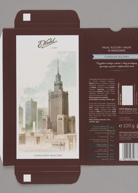 Opakowanie po czekoladzie firmy Wedel z widokiem Pałacu Kultury i Nauki