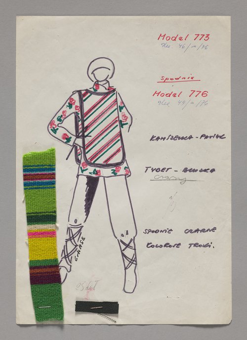 Projekt bluzki, kamizelki i spodni z trokami dla Spółdzielni Moda i Styl