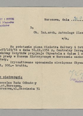 Pismo wysłane do Antoniego Olszewskiego
