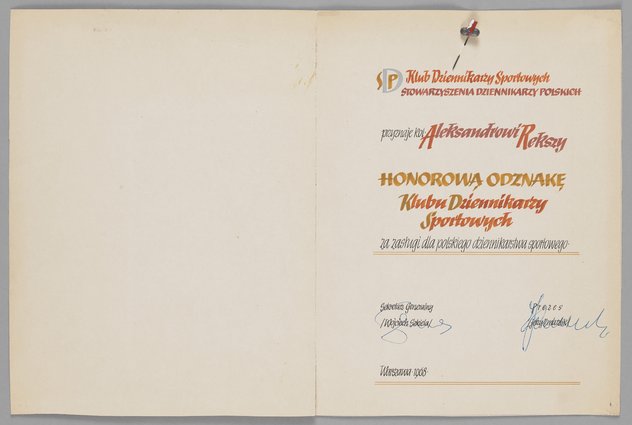 Dyplom Honorowej Odznaki Klubu Dziennikarzy Sportowych dla Aleksandra Rekszy