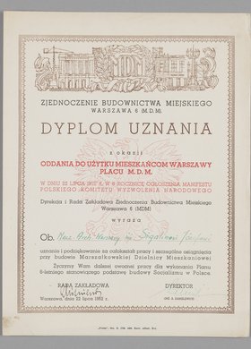 Dyplom uznania przyznany Józefowi Sigalinowi