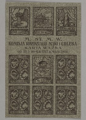 Bon zaopatrzeniowy z okresu I Wojny Światowej wydany przez Magistrat Miasta stołecznego Warszawy. Komisję Rozdziału Mąki i Chleba na mąkę, chleb i cukier
