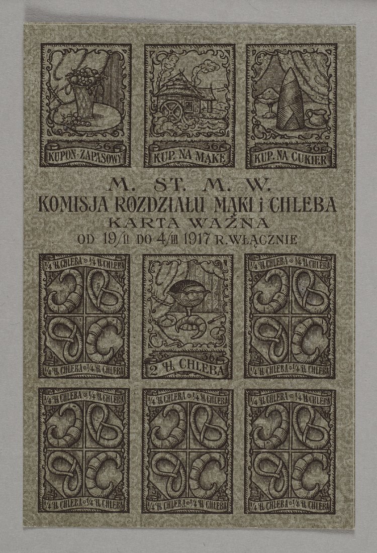 Bon zaopatrzeniowy z okresu I Wojny Światowej wydany przez Magistrat Miasta stołecznego Warszawy. Komisję Rozdziału Mąki i Chleba na mąkę, chleb i cukier