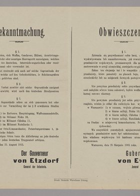 Bekanntmachung / Obwieszczenie o zakazie przywłaszczania sobie broni, gilz, nabojów i części umundurowania należących do armii