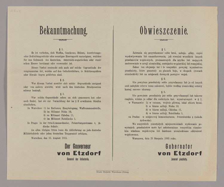 Bekanntmachung / Obwieszczenie o zakazie przywłaszczania sobie broni, gilz, nabojów i części umundurowania należących do armii
