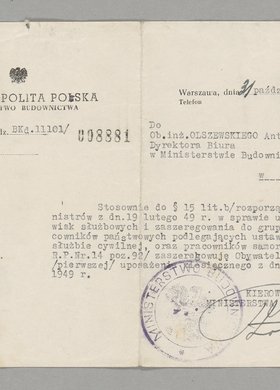 Pismo skierowane do Antoniego Olszewskiego z informacją o jego zaszeregowaniu