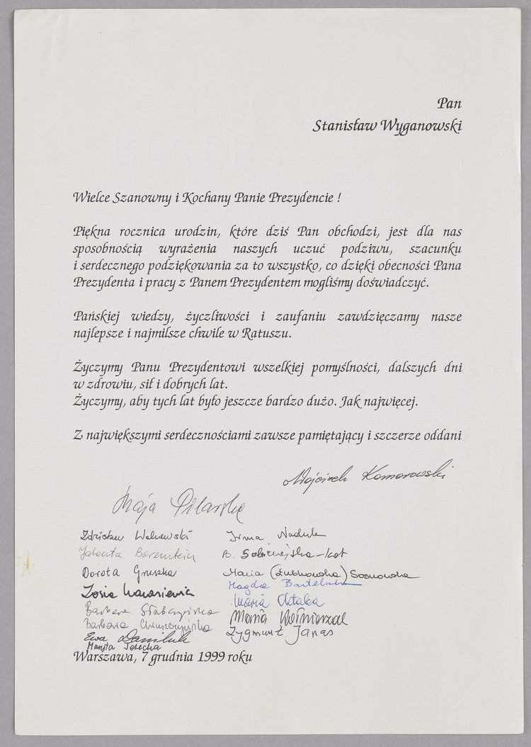 Pismo pracowników ratusza m.st. Warszawy wystosowane do Stanisława Wyganowskiego