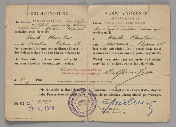 Bescheinigung/Zaświadczenie wystawione Wandzie Manitius