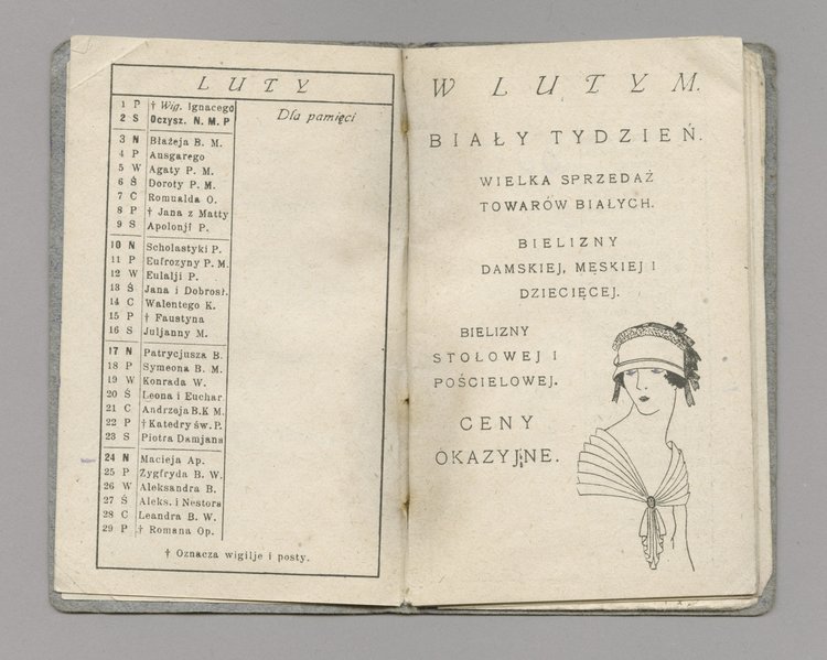Kalendarz kieszonkowy na 1924 rok oraz kartka z widokiem Domu Towarowego Bracia Jałkowscy