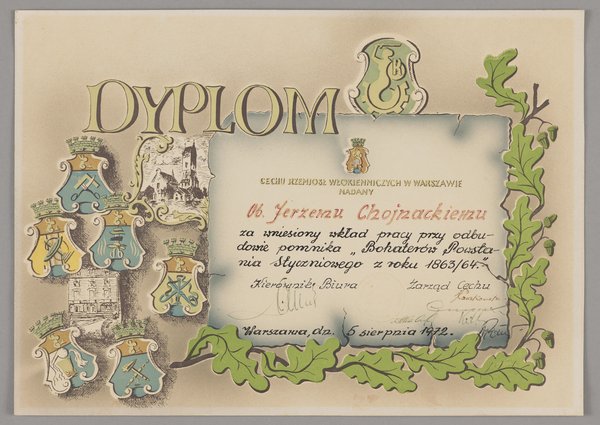 Dyplom nadany Jerzemu Chojnackiemu
