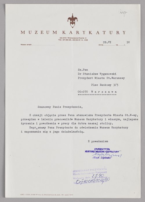 Pismo kustosza Eryka Lipińskiego wysłane do Stanisława Wyganowskiego