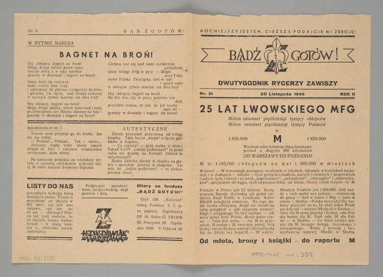 Czasopismo p.t. "Bądź Gotów. Dwutygodnik Rycerzy Zawiszy", Rok II, Nr. 21 z 20 listopada 1943 r.