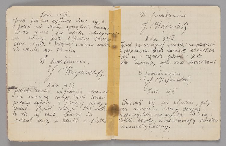 Zeszyt Jadzi Wajnsztok, dyżurnej Domu Sierot z wpisami Janusza Korczaka (Henryka Goldszmita)