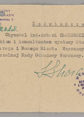 Zaświadczenie wystawione Antoniemu Olszewskiemu