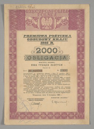 Obligacja Premiowej Pożyczki Odbudowy Kraju z 1946 r. Emisja C. Seria Nr 020560. Nr 13